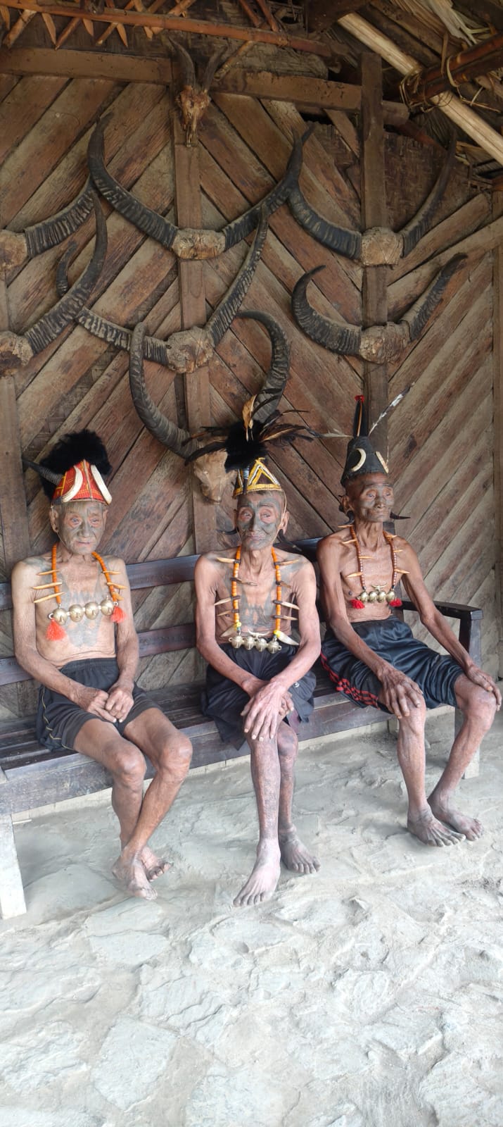 Three tattooed Konyak elders seated in front of a carved wooden wall hung with mithun and buffalo horns in Mon district, Nagaland