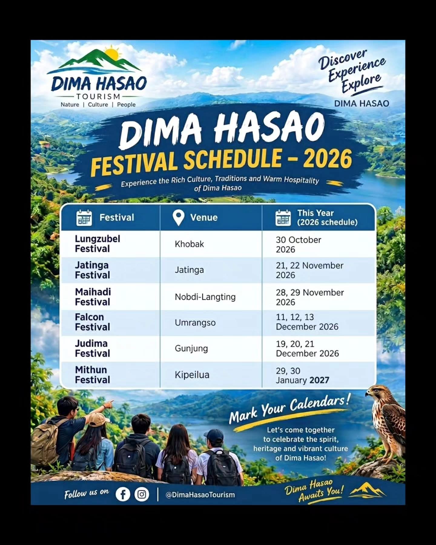 Official Dima Hasao Tourism schedule showing Jatinga Festival on 21 and 22 November 2026