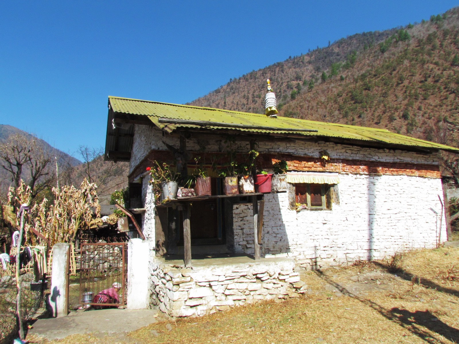 Whitewashed Monpa house with green tin roof, painted eaves and a rooftop shrine finial, below a bare winter hillside near Dirang